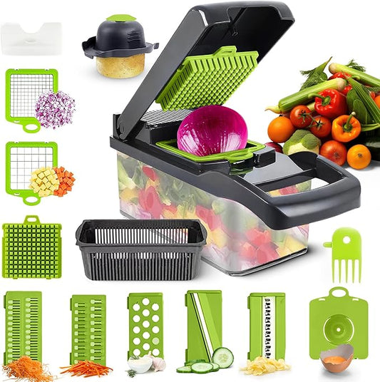 Vegetable Chopper Mandoline Slicer for Kitchen with 8 Interchangeable Blades – Meal Prep Veggie Chopper with Container, Peeler – Safe and Durable Food Chopper Vegetable Slicer, Gray