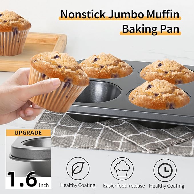 Audingull Jumbo Muffin Pan 2-Pack 6-Cups Cupcake Pan, Premium Large Muffin Tin for Baking, Non-Stick and Thickened Carbon Steel Jumbo Cupcake
