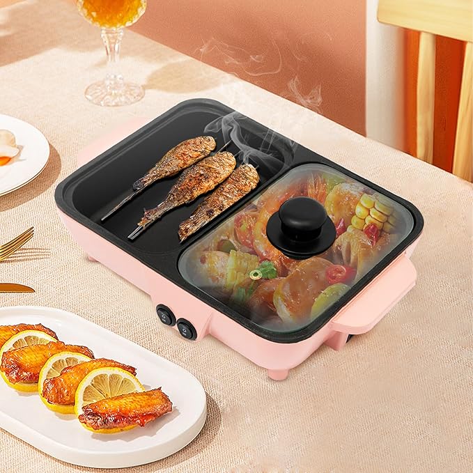 2-in-1 Electric Grill with Hot Pot 1200W 110V, Portable Electric Hot Pot Barbecue Grill Non-Stick Teppanyaki Pan Indoor Multifunctional Hot Pot Split-Design Baking Tray (Black)