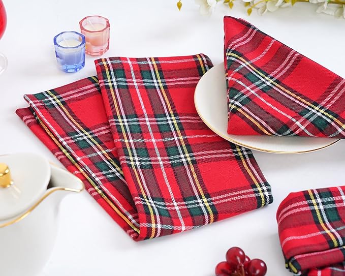 Blue Needles Buffalo Plaid Christmas Napkins - 100% Cotton Set of 12 Gingham Cloth Napkins 18x18 inches - Soft, Reusable & Washable, Ideal for Valentine's Parties & Everyday Use - Christmas Multi Red