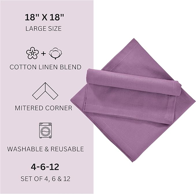 FINGERCRAFT Dinner Cloth Napkins, Cotton Linen Blend Mitered Corner Napkins Cloth 4 Pack Natural Premium Quality for Every Day Use, Parties, Easter, Thanksgiving, Weddings, 18x18 inch Lilac