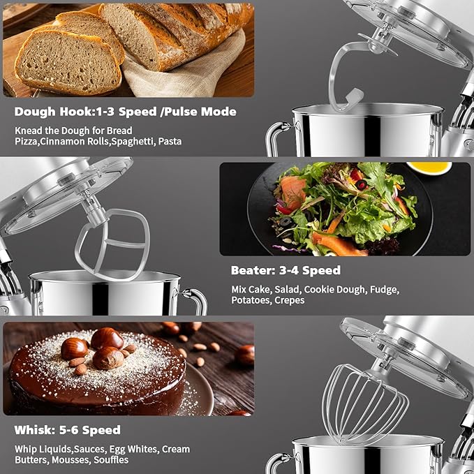POWWA 7.5 Quart Electric Mixer, 6+1 Speed 660W Tilt-Head Kitchen Food Mixers with Whisk, Dough Hook, Mixing Beater & Splash Guard for Baking, Cake, Cookie (Silver)