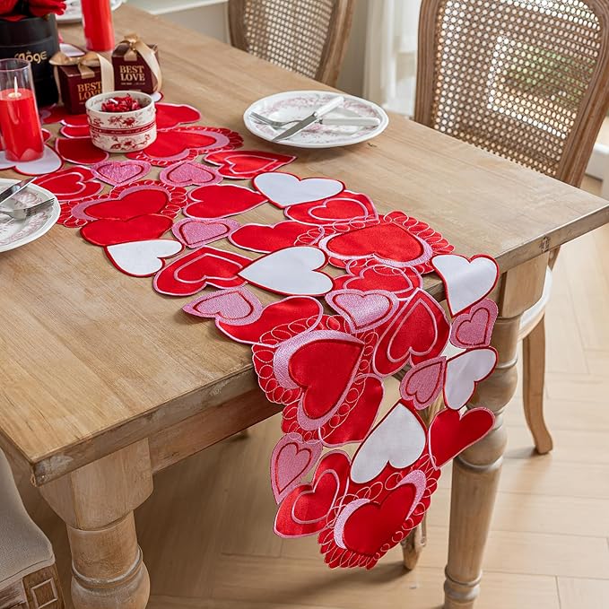 Valentines Day Table Runner, Embroidered Sweet Red Love Heart Table Runners, for Mother’s Day, Wedding Anniversary, Marriage Proposals, Engagements, Romantic Events Parties Decoration (14 ×33 inch)