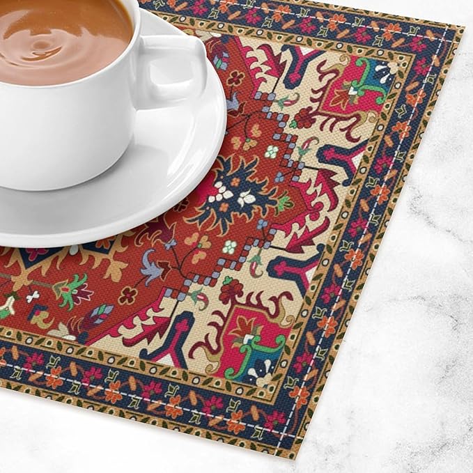 Boho Ethnic Placemats Country Farmhouse Retro Red Floral Art Printed Dining Table Mats Set of 4 for Restaurant Home Kitchen Holiday Picnic Party Decor 12x18in
