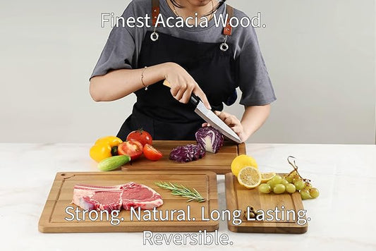 Sango Acacia Cutting Board Set with Juice Grooves and Hanging Holes, 3-Piece - Wood Chopping Boards, Stackable & Reversible for Kitchen, Non-Toxic, Perfect as Butcher Block Countertop, Atelier