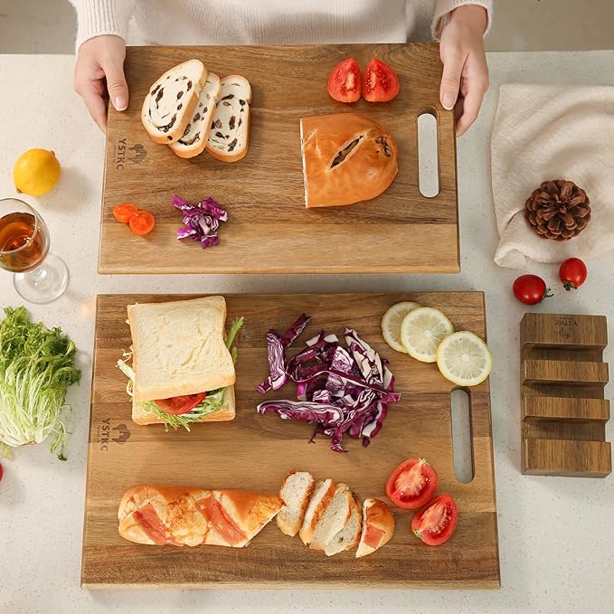 YSTKC Acacia Wood Cutting Boards Set of 3 PCS for Kitchen, Large Wooden Cutting Board Set with Handle, Thick Chopping Board, Butcher Block Wooden Trays for Meat, Fruit Vegetable and Cheese