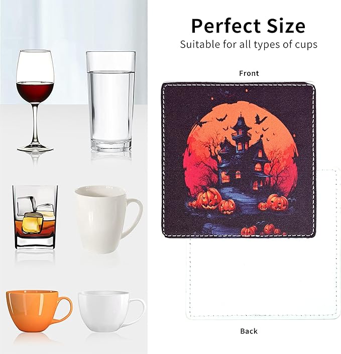 Marble Coasters Square Leather Drinks Coaster Set with Holder for Coffee Table Bar Home Decor 4 Inches Set of 6 (Halloween, One Size)