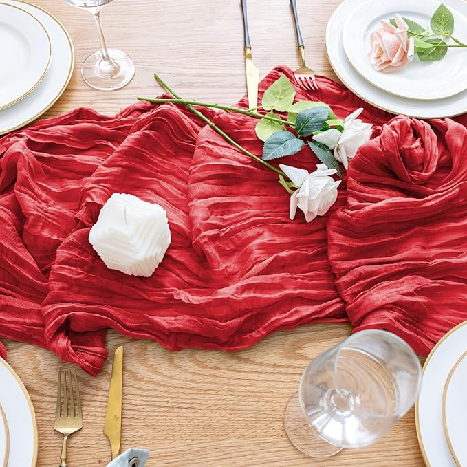 Wokceer Cheesecloth Table Runner 4Pack 10FT Red Christmas Boho Gauze Fall Thanksgiving Cheese Cloth Table Runner for Party Easter Rustic Sheer Table Runners for Baby Bridal Shower Wedding Table