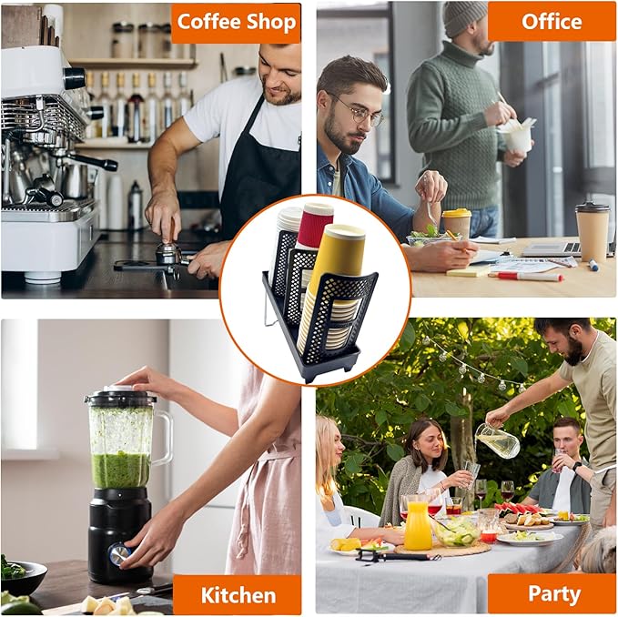 Paper Cup and Lid Holder,CIT ZCFYU Adjustable Disposable Coffee Cup Dispenser, 3-Slot Upright Plastic Cup Holder Organizer for Coffee Stations, Kitchens, Bars, Restaurants, Lounges (Black)