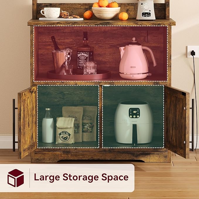 GAOMON Farmhouse Bakers Rack with Storage Cabinet and Charging Station, Kitchen Hutch with Thickened Tabletop, Power Outlets & USB Ports, Pantry Organizer Shelf for Kitchen and Dining Room, Brown