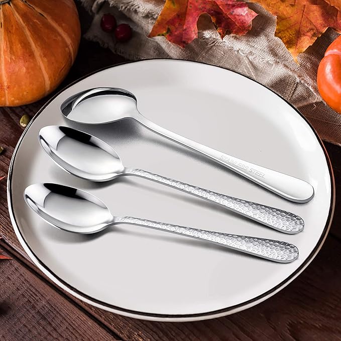 Stainless Steel Hammered Dinner Spoons Set, E-far 6-Piece Modern Silver Large Soup Spoons for Home, Kitchen, Restaurant, Round Edge & Mirror Polished, Dishwasher Safe - 7.9 Inches