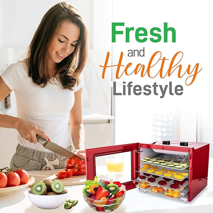 Electric Countertop Food Dehydrator Machine - 350-Watt Premium Multi-Tier Meat Beef Jerky Maker Fruit/Vegetable Dryer w/ 4 Stainless Steel Trays, Digital Timer, Temperature Control - NutriChef NCDH4S