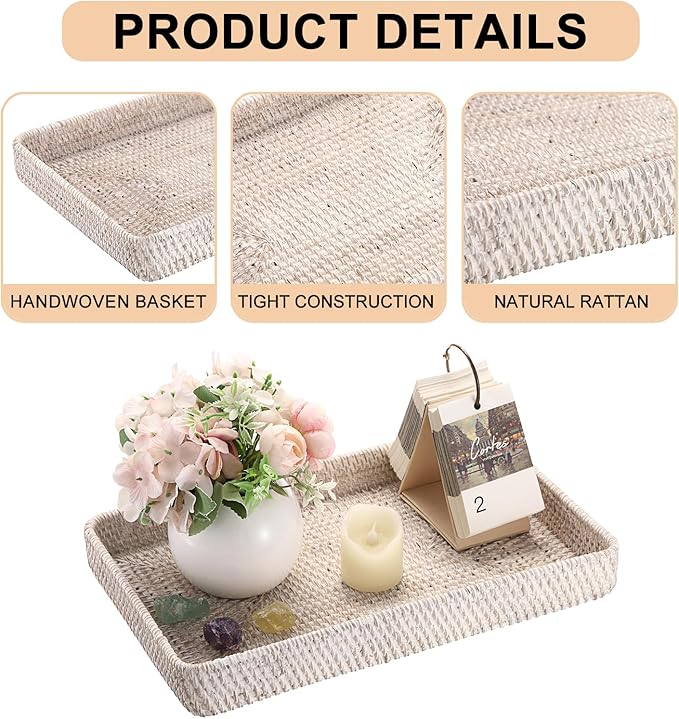 Hipiwe Rattan Serving Tray Whitewash Decorative Woven Trays for Organizing Bread Fruit Basket Rectangular Desktop Organizer for Kitchen Bathroom, 14.8" x 9" x 1.8"