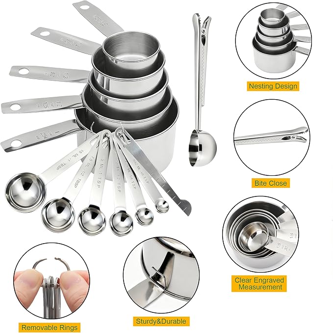 Measuring Cups & Spoons Set of 13, Stainless Steel 5 Nesting Measure Cups Set & 6 Measuring Spoons Set & 1 Leveler +1 Spoon Clip - Kitchen Baking Tools for Cooking.