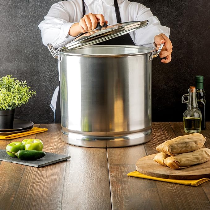Vasconia 32-Quart Steamer Pot (Aluminum) with Tray & Aluminum Lid for Most Stoves (Hand-Wash only) Large Stock Pot for Tamales, Steaming, Boiling & Frying - Makes Seafood, Pasta, Veggies & More