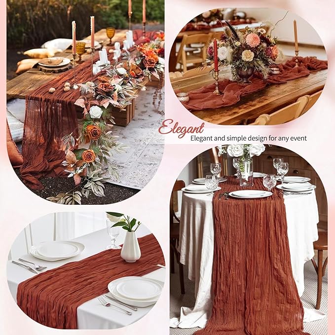 4 Pack Terracotta Cheesecloth Table Runner 10Ft, Fall Table Runner 21.5 x 120 inch, Burnt Orange Semi Sheer Cheese Cloth Fabric Thanksgiving Runner Bulk for Wedding,Party,Bridal Shower