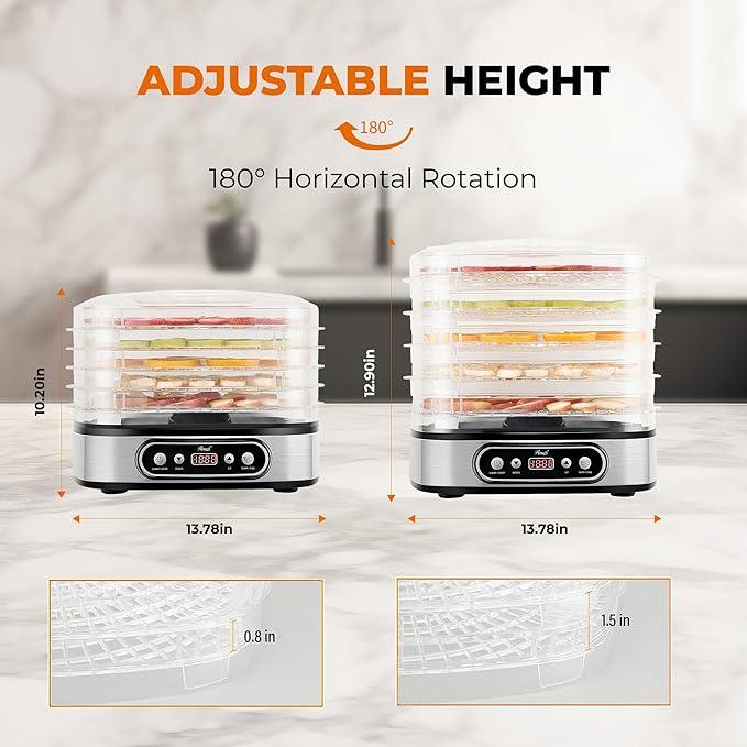 Rosewill Essential Food Dehydrator, 5 Stackable Trays with Adjustable 48H Timer and Temperature Control - Electric Food Preserver for Jerky, Fruits, Veggies, Meat & Dog Treats, Large capacity