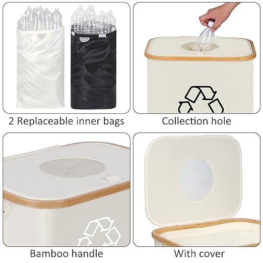 29 Gallons Recycling Bins for Kitchen, Indoor Recycle Bins with Lid, 110L Large Recycle bin with 2 Removeable Reusable Inner Bags, for Bottles Cans Glass Plastice Cartons(Beige)
