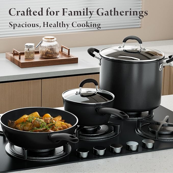 Bazova 18 Pcs Pots and Pans Set Non Stick with 12-Quart Stock Pot, Nonstick Kitchen Cookware Sets with Utensils, Large Capacity Ceramic Cookware Set, PTFE/PFAS/PFOA Free, Black