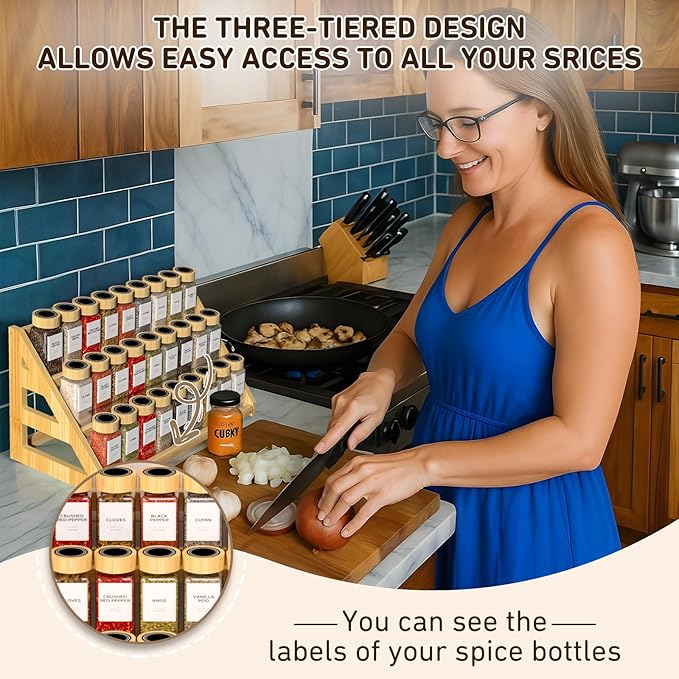 Bamboo 3 Tier Spice rack, Spice Organizer, Kitchen Seasoning Spices Rack, Suitable for Spice Organizers Such as Sitchen Countertops, Stoves, Sorage Rooms (L)