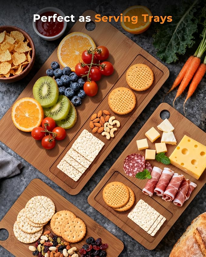 Bamboo Cutting Board for Kitchen, Knife-Friendly Wooden Cutting Boards Set 3-Piece with Juice Groove, Durable Chopping Boards for Meat, Vegetables, Fruits, Cheese – Multi-Purpose, Kitchen Gifts