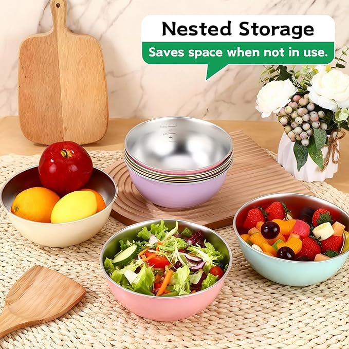 10 Pcs Stainless Steel Mixing Bowls 34 oz Metal Salad Bowls with Graduations Reusable Baking Food Containers Nesting Camping Bowl for Ice Cream, Salad, Soup, Baking, Sauces (6.7 x 2.8 Inch)