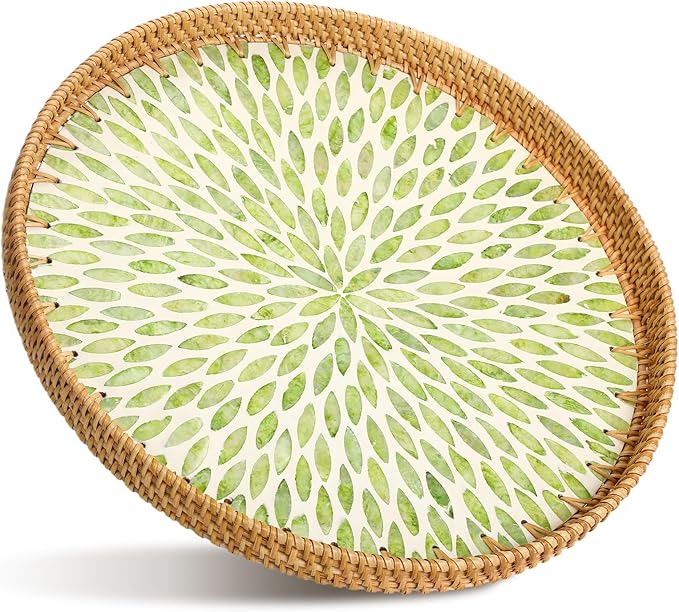 16 inch Round Rattan Tray with Mother of Pearl Inlay Wicker Serving Tray with Wooden Base Boho Decorative Wicker Basket for Table Decor Bathroom Candle Perfume (Green Leaf)