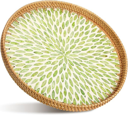 16 inch Round Rattan Tray with Mother of Pearl Inlay Wicker Serving Tray with Wooden Base Boho Decorative Wicker Basket for Table Decor Bathroom Candle Perfume (Green Leaf)