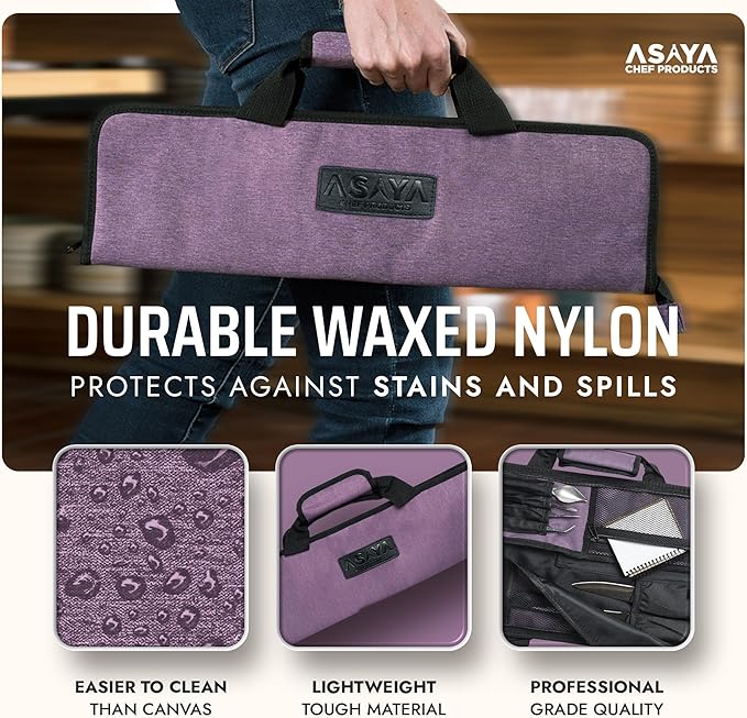 Asaya Chef Knife Roll Bag - 12 Pockets for Knives and Kitchen Utensils - Lightweight, Durable, and Stain Resistant Nylon - Perfect for the Traveling Chef - Knives not Included (Purple)