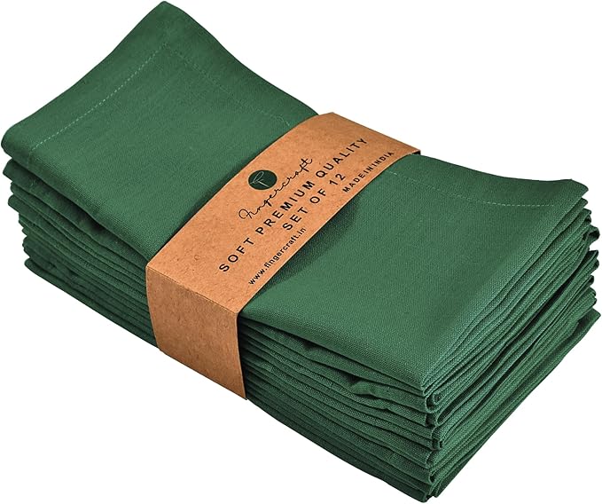 FINGERCRAFT Dinner Cloth Napkins, Cotton Linen Blend Mitered Corner Napkins Cloth 12 Pack Natural Premium Quality for Every Day Use, Parties, Weddings, 18x18 inch Christmas Special Color Eden Green