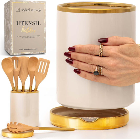 STYLED SETTINGS Beige Utensil holder - Large Ceramic Utensil Crock for Kitchen Counter – Stylish Cooking Utensil Storage & Gold Spoon Rest – Kitchen Organization & Farmhouse Décor