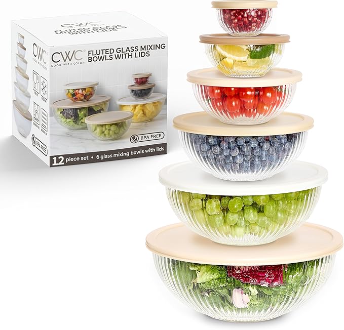 COOK WITH COLOR 12 Pc Glass Mixing Bowl Set with Lids – Borosilicate Glass Nesting Bowls for Cooking, Baking and Meal Prep, Fluted Brown