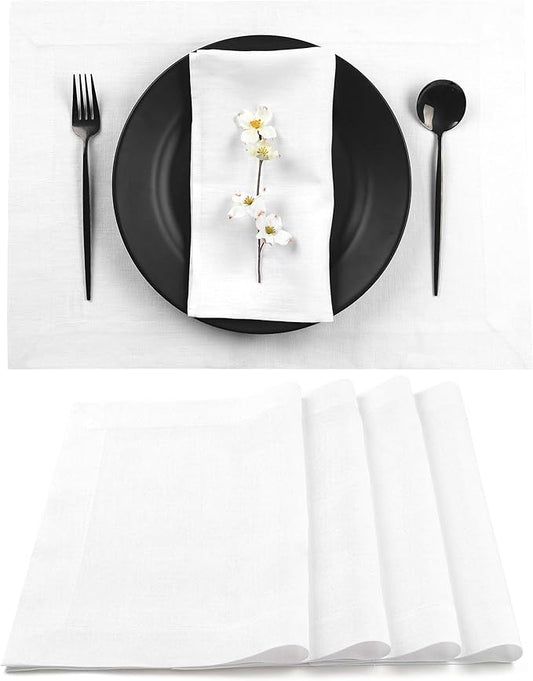 D'Moksha Homes Linen White Placemats Set of 4-100% Pure Linen Placemats 14 x 19 Inch for Valentines, Spring, Easter - Handcrafted and Machine Washable
