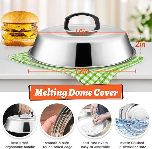12In Cheese Melting Dome & 7In Cast Iron Grill Press, HaSteeL Stainless Steel Basting Cover with Heavy Duty Burger Bacon Press, Griddle Accessories for Teppanyaki Flat Top Stovetop Indoor & Outdoor