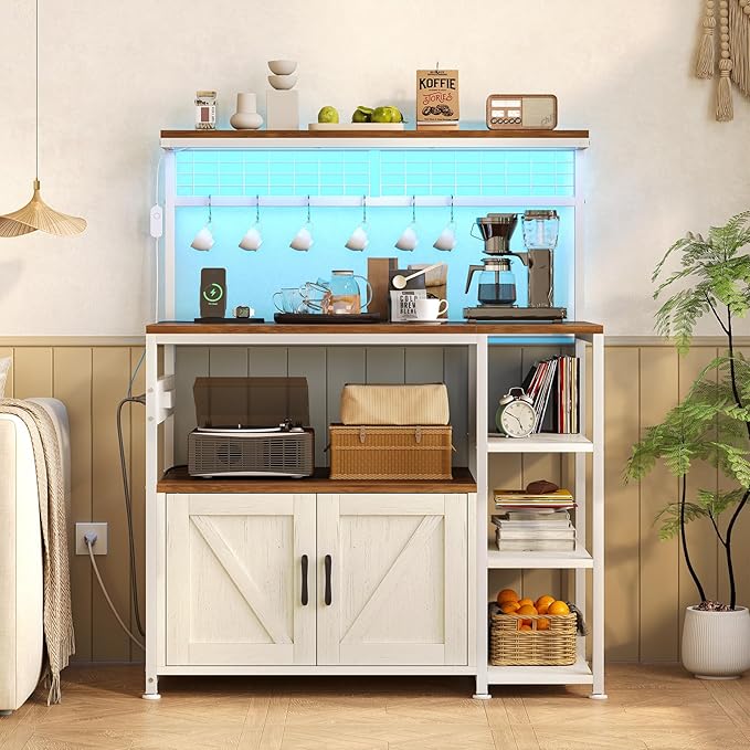 TVU Bakers Rack with Power Outlet and LED Light, Microwave Stand with Storage Cabinet, Coffee Bar Cabinet Station with 6 Hooks for Kitchen, Dining Room, Living Room, Coffee Bar, Walnut, White