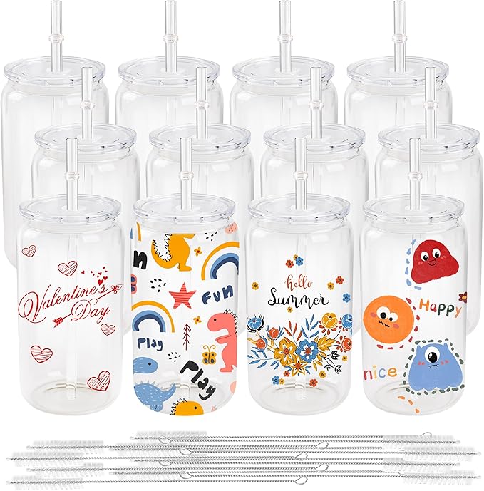 Joyclub 12 Pack Sublimation Cups 16 OZ Clear Glass Cans Blanks with Lids Mason Jars for Iced Coffee Beer Juice and Soda Drinks