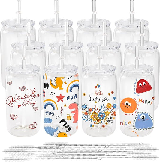Joyclub 12 Pack Sublimation Cups 16 OZ Clear Glass Cans Blanks with Lids Mason Jars for Iced Coffee Beer Juice and Soda Drinks