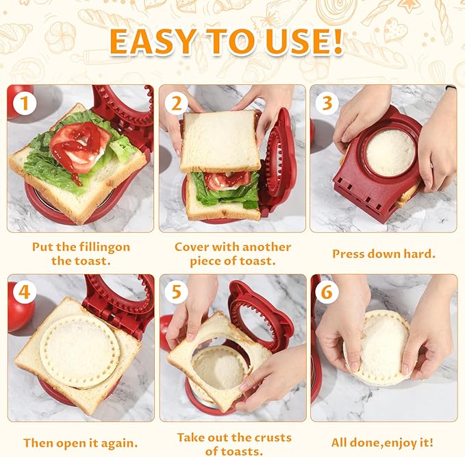Uncrustable Sandwich Maker,Sandwiches Pocket Circle Shape 3.7Inch Sandwich Cutter and Sealer,Sandwich Cutter for Kids Breakfast and lunchboxes (Red)
