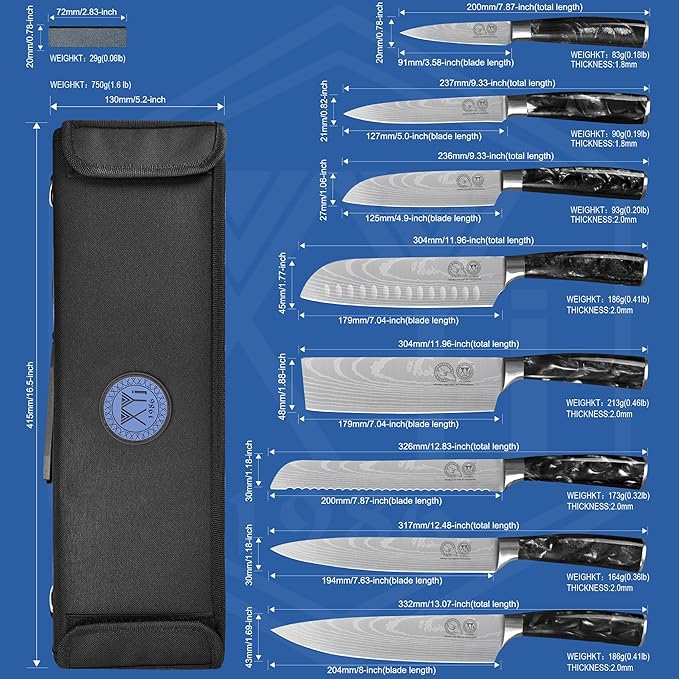 XYJ Authentic Since 1986,8-pieces Japanese Chef Knives Set with Roll Bag & Sheath,Stainless Steel Cutlery Culinary Kitchen Knives,Ergonomics Handle,Paring Santoku Slicing Cooking Knives Tools