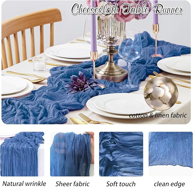 Royal Blue Cheesecloth Table Runner 2 Pack 35" Boho Gauze Table Runner 120 inches Long Runner Rustic Sheer Fabric Bulk for Baby Shower Wedding Bridal Birthday Party Table Decorations