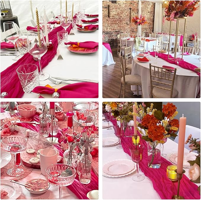 10 Pack Cheesecloth Table Runner 6FT Boho Gauze Rustic Fabric Table Runner Vintage Sheer Tablecloth for Wedding Party Bridal Baby Shower Long Table Decorations (Fushia)