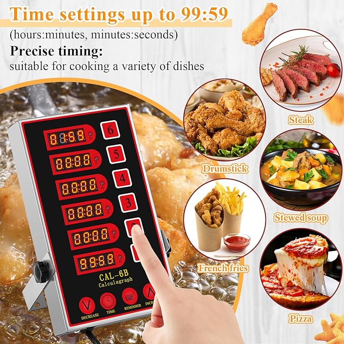 1 Pack Commercial 6 Channel Digital Kitchen Timer, Multi-Countdown Timer with Loud Alarm & Large LCD Display, Wall Mount or Countertop for Restaurant, Fry Station, Baking & Lab Use