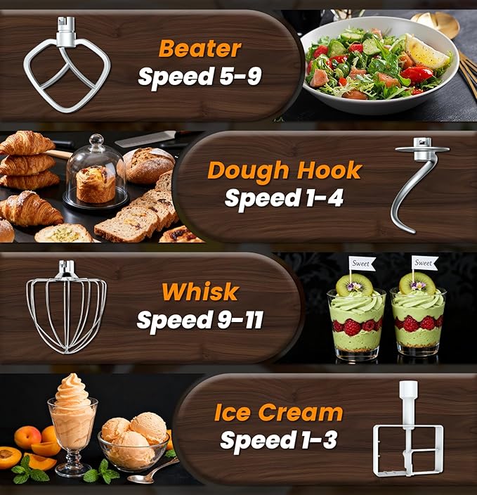 Bonnor Stand Mixer Set, 6QT Kitchen Mixer with LED Touchscreen, 11-Speed Tilt-Head Mixer with Timer, 4 Preset Menus, Stainless Steel Bowl, Hook, Whisk, Beater,Plus 2QT Ice Cream Maker Attachment,Black