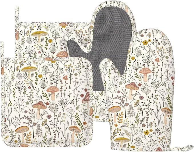 Mushroom Colorful Silicone Oven Mitts and Pot Holders Sets Mushroom Floral Green Leaves Boho Plants Kitchen Mitts Potholder Kitchen Accessories for Cooking Baking BBQ