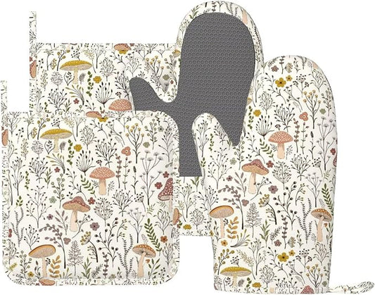 Mushroom Colorful Silicone Oven Mitts and Pot Holders Sets Mushroom Floral Green Leaves Boho Plants Kitchen Mitts Potholder Kitchen Accessories for Cooking Baking BBQ