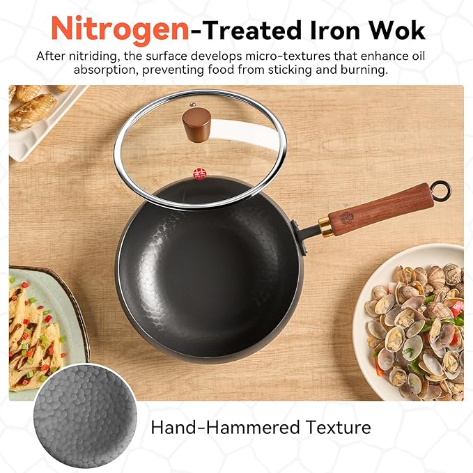 WANGYUANJI 9.5" Carbon Steel Wok - [Heavy-Duty & Thickened Base] - Deep Bowl Stir Fry Pan for Induction, Electric & Gas - Warp-Resistant, Splatter-Free Design with Lid (1-2 Person)