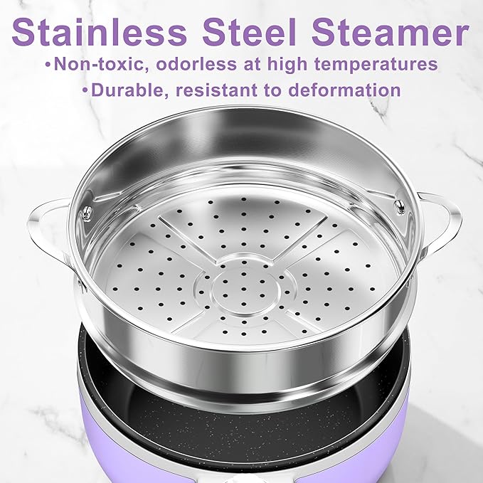 Dezin Hot Pot Electric with Steamer Upgraded, Non-Stick Sauté Pan, Rapid Noodles Electric Pot, 1.5L Mini Pot for Steak, Egg, Fried Rice, Ramen, Oatmeal, Soup with Power Adjustment
