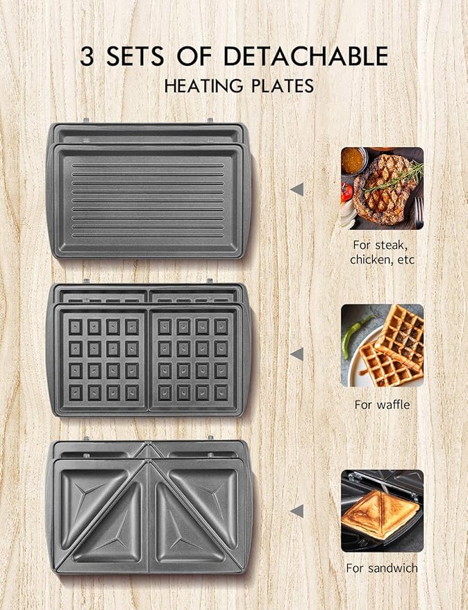 Yabano Sandwich Maker, 3 in 1 Waffle Maker, Toaster and Electric Panini Press Grill with Non-stick Coating Plate, Easy to Clean, Heating Up Fast