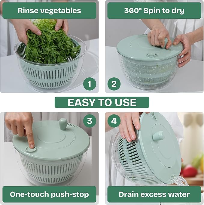 Large Salad Spinner 7-in-1 – Vegetable & Fruit Washer, Dryer, Slicer, Shredder, Juicer – Non-Slip, BPA-Free, Dishwasher Safe Lettuce Spinner Bowl for Meal Prep (Green)