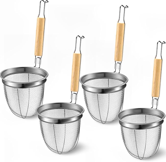 Patelai 4 Pcs Pasta Strainer Basket 5.5"x5.5" Stainless Steel Noodle Strainer with Wood Handle Kitchen Round Base Mesh Spider Basket Skimmer Food for Pasta, Ramen, Dumplings, and Deep-fried Foods